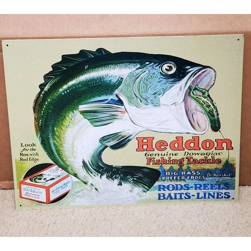 Heddon Famous Fishing Lures Metal Wall Hanging Sign Nautical Decor Angler Bass